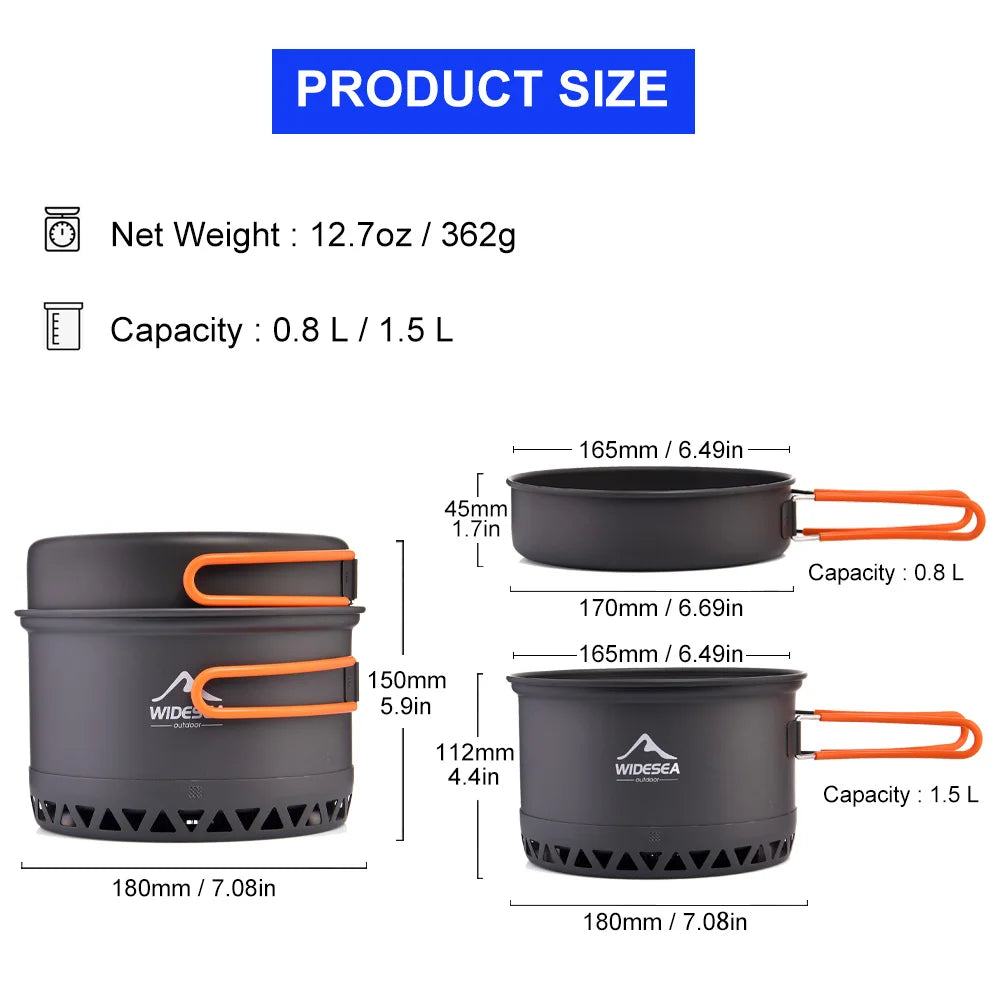 Widesea acampamento 1.3l 2.3l panelas conjunto de cozinha ao ar livre fogão de calor viagem talheres pote chaleira turista utensílio de cozinha equipamentos