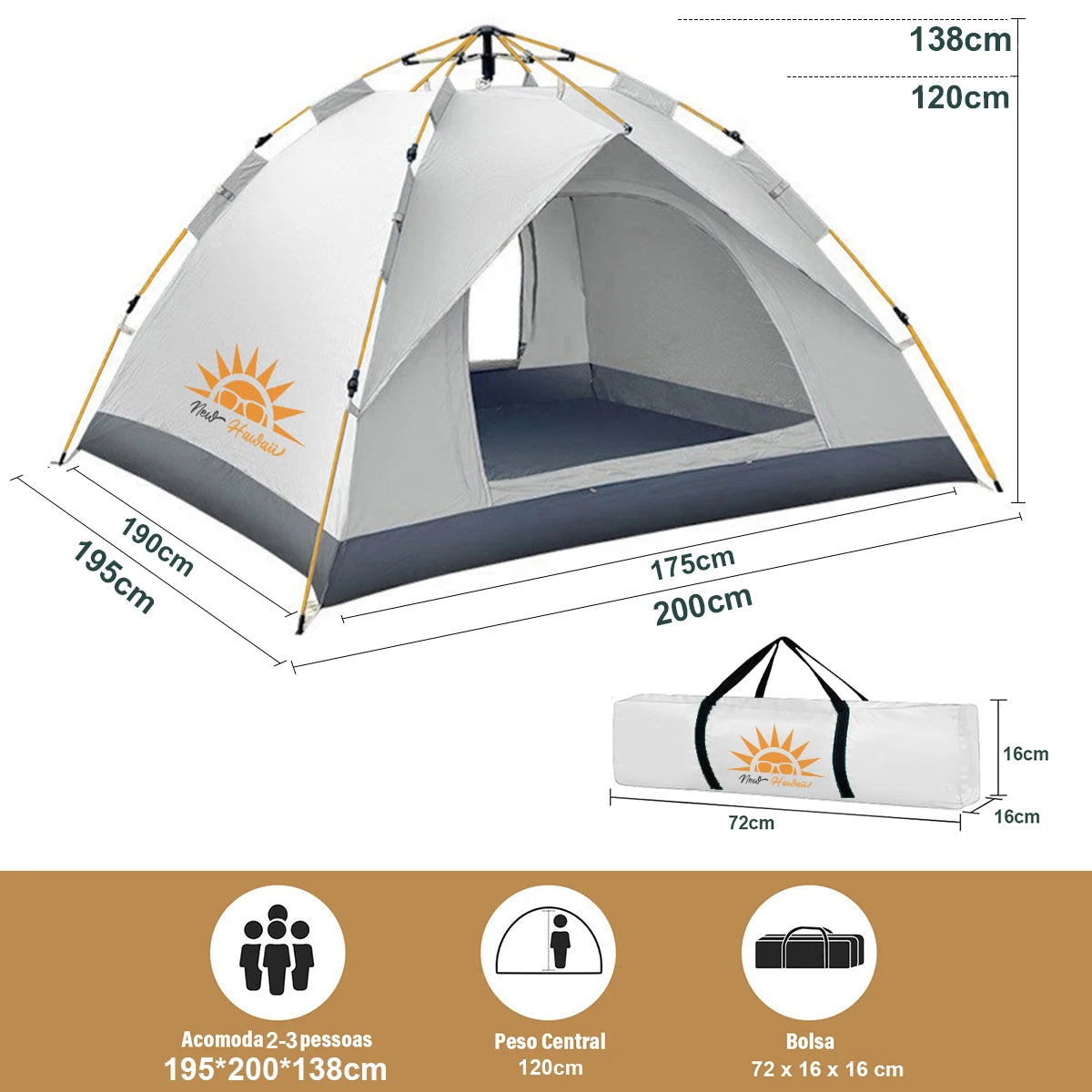 Barraca Automática com proteção uv e impermeável 3/4 pessoas
