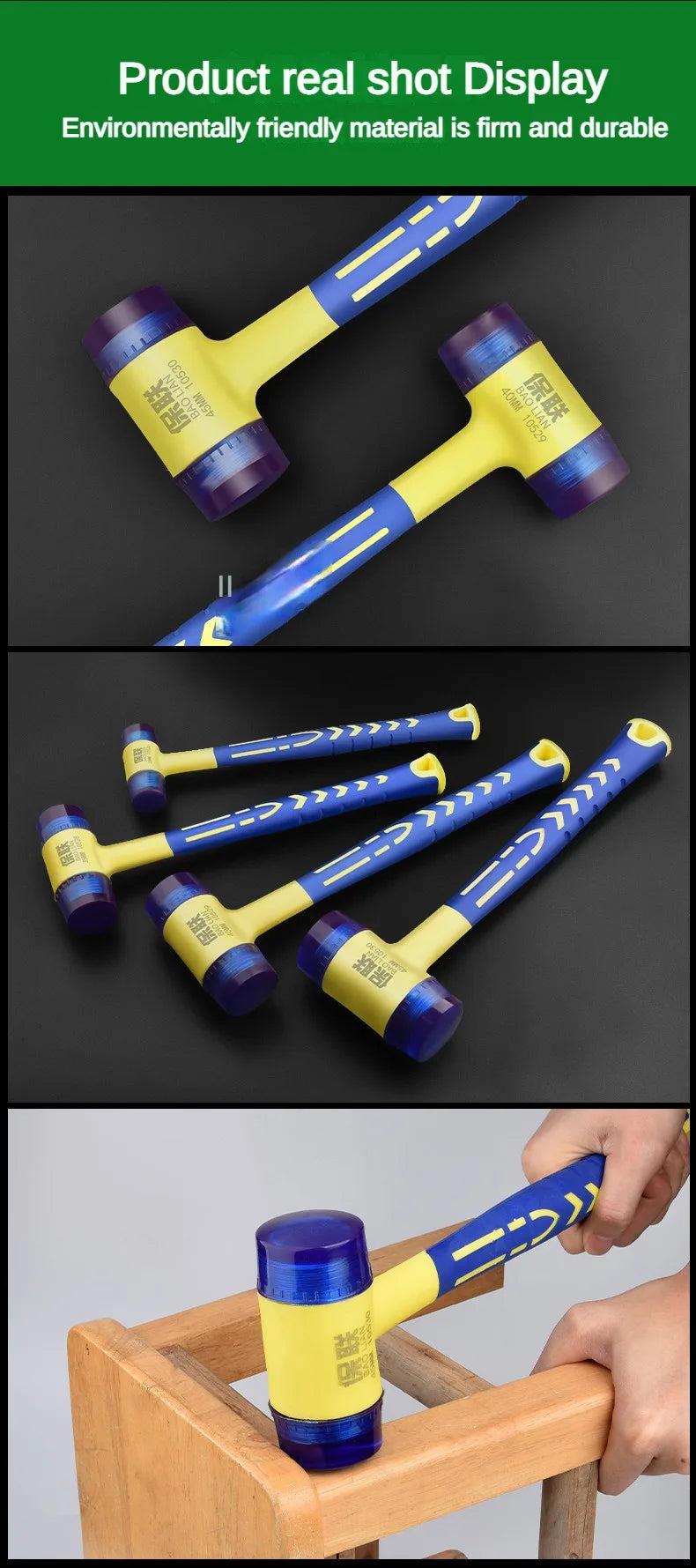 Martelo de instalação de cabeça dupla, martelo de borracha de 25 mm a 45 mm com cabo de borracha, martelo de instalação isolado removível