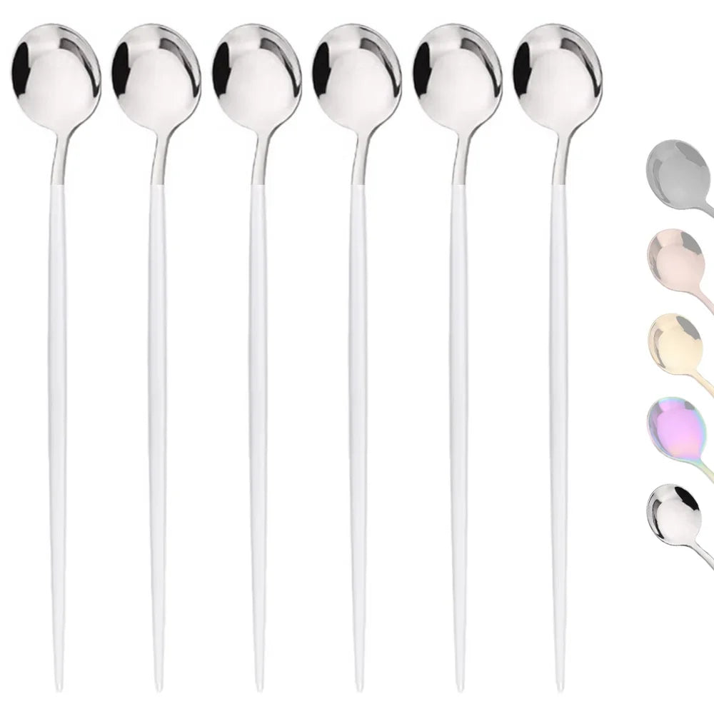 6 pçs colher cabo longo em aço inoxidável