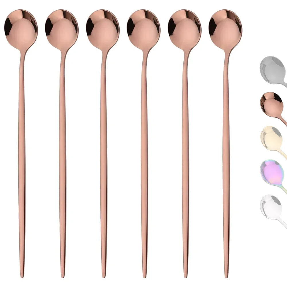 6 pçs colher cabo longo em aço inoxidável