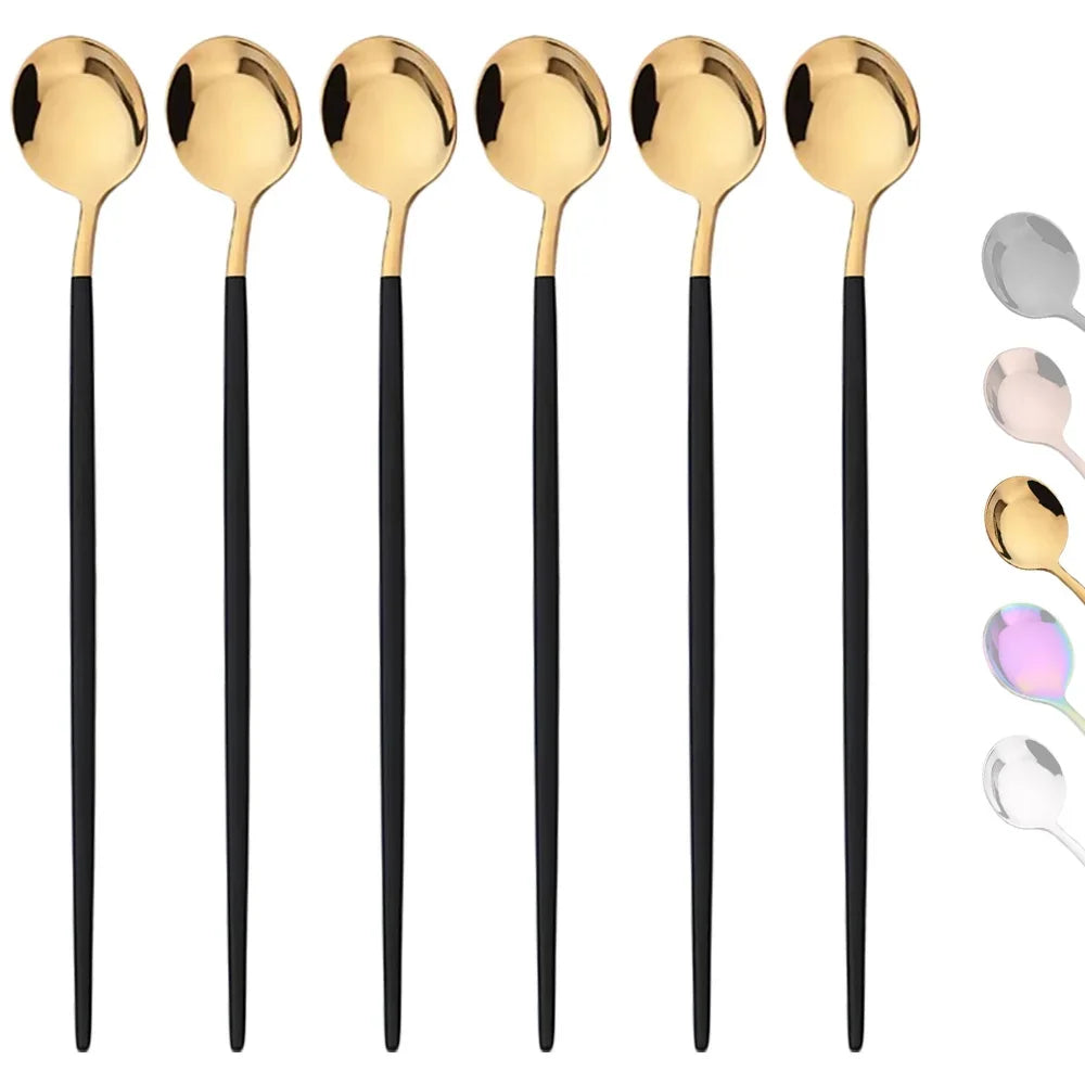 6 pçs colher cabo longo em aço inoxidável