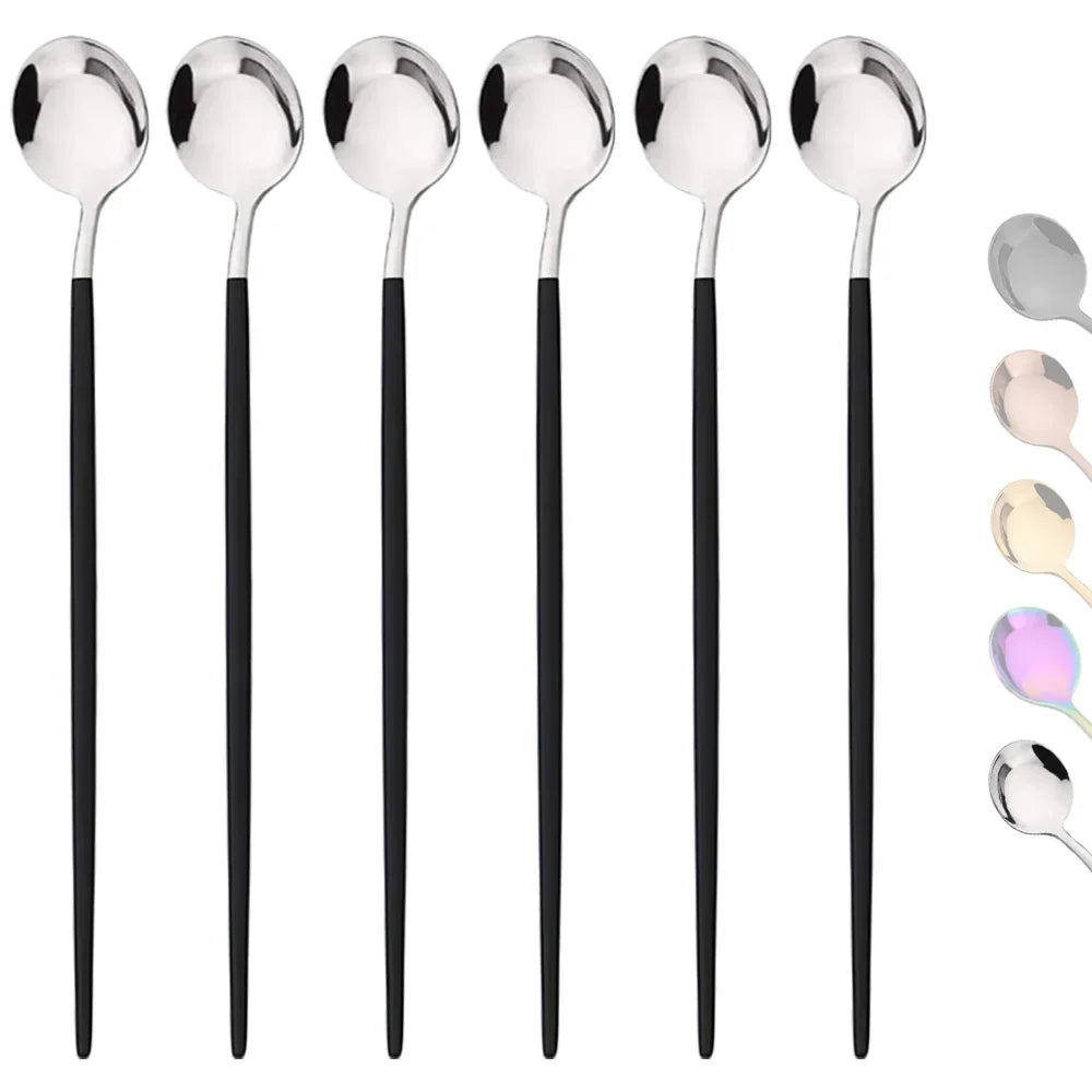 6 pçs colher cabo longo em aço inoxidável
