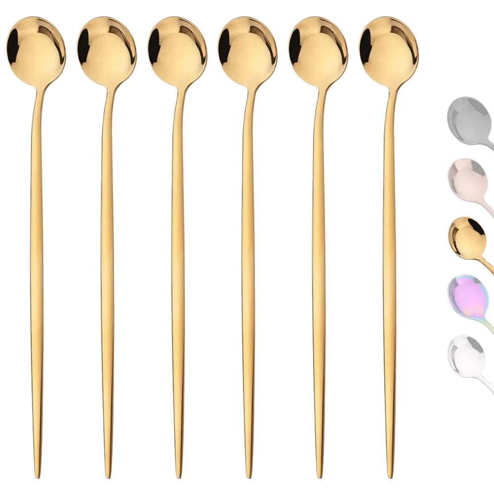 6 pçs colher cabo longo em aço inoxidável