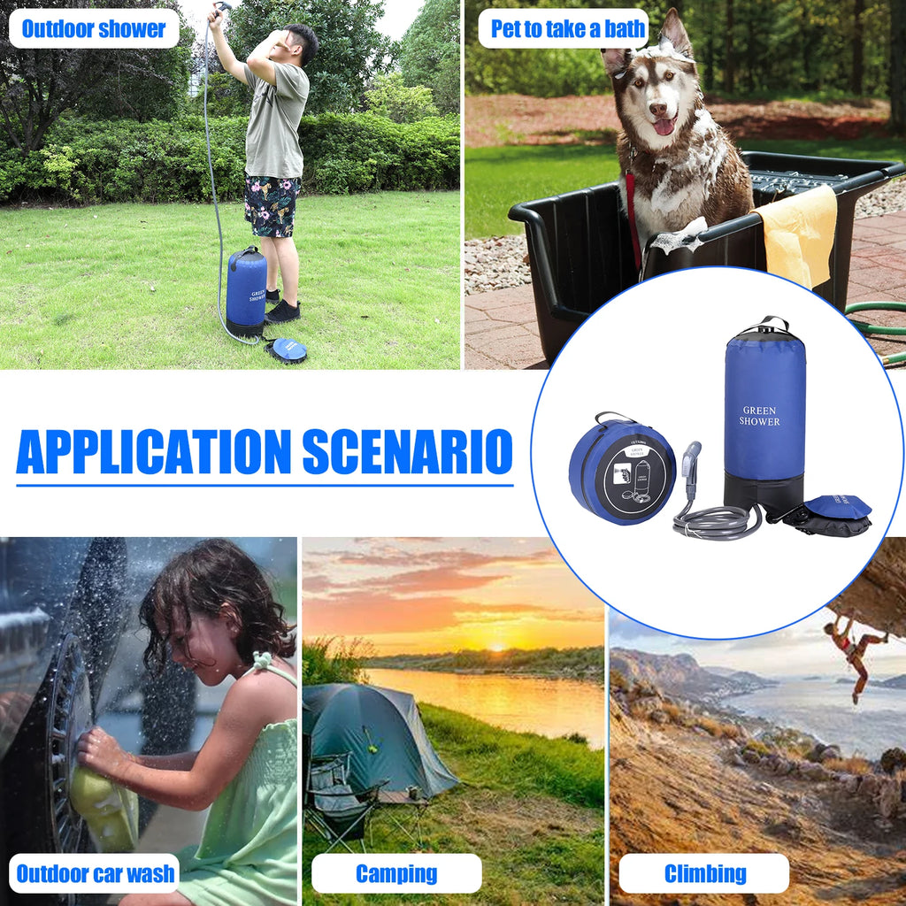 Chuveiro de pressão inflável com pé bomba, saco de água leve, PVC, apto para exterior, praia, camping, caminhadas, banho