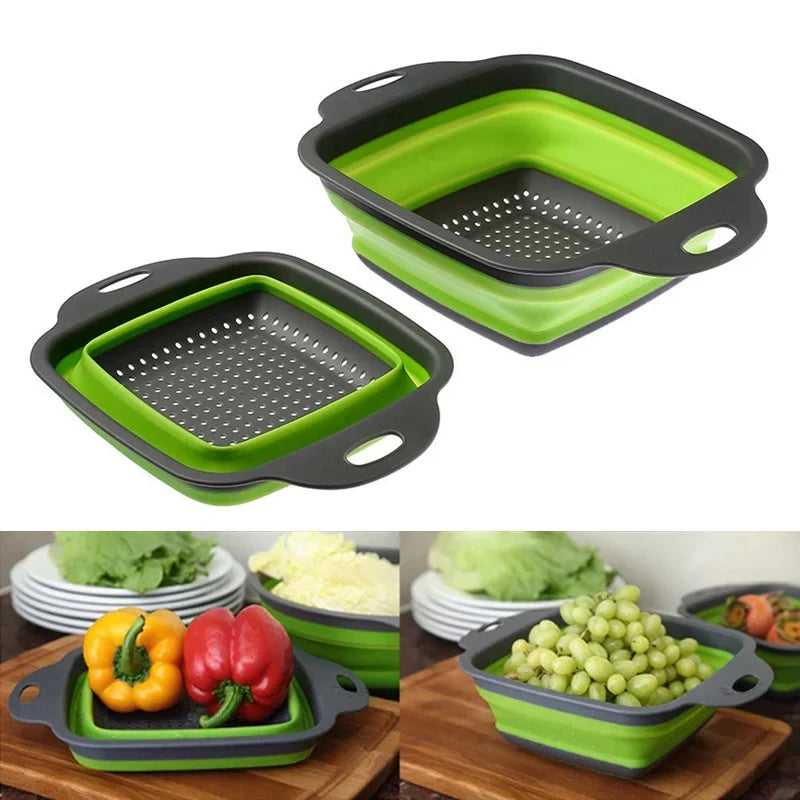 2 pçs silicone dobrável escorredor cesta frutas vegetais dobrável escorredor de cozinha