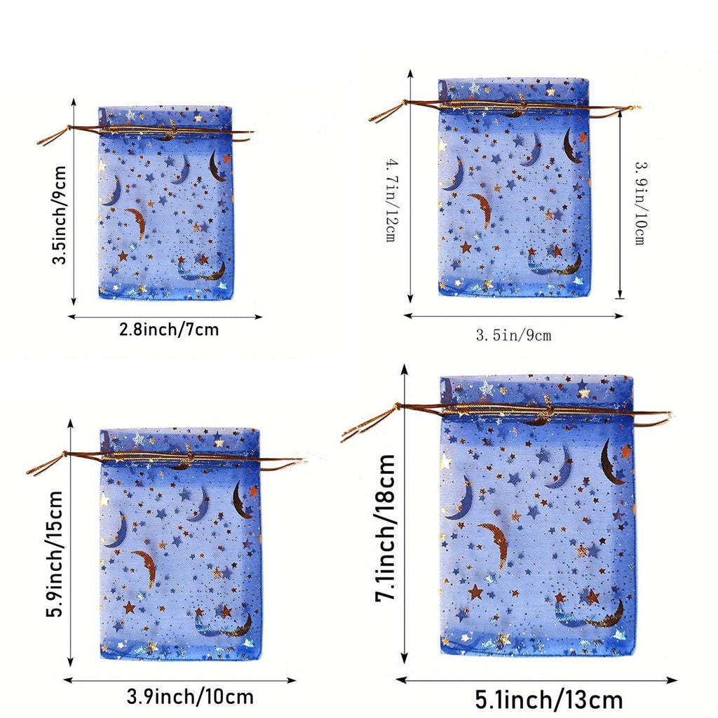 Kit 50 Saquinhos de Organza Estrelas e Lua – Brilho Dourado
