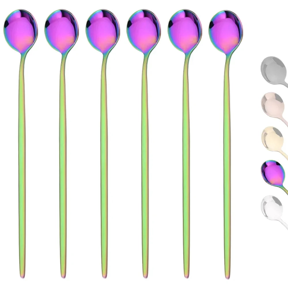 6 pçs colher cabo longo em aço inoxidável