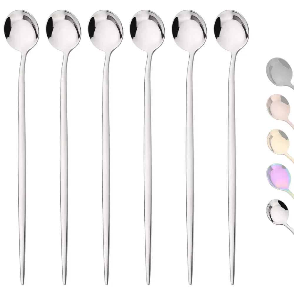 6 pçs colher cabo longo em aço inoxidável