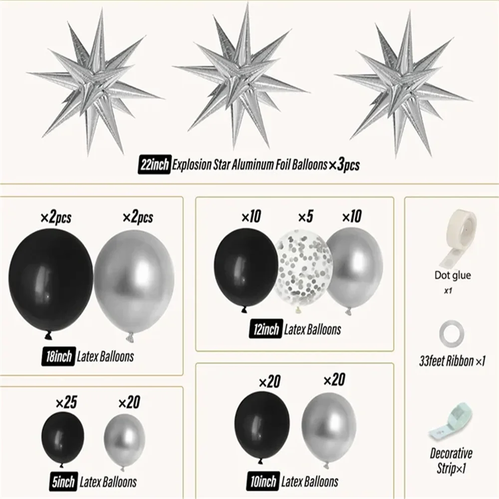 Kit de Balões Preto e Prata –120 Peças