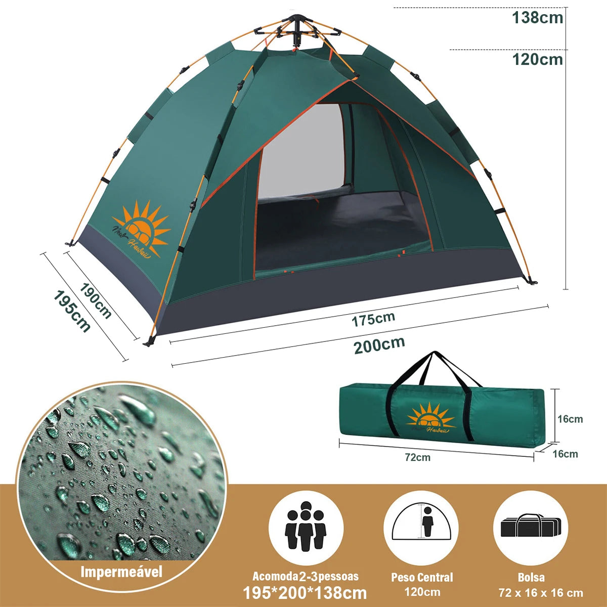 Barraca Automática com proteção uv e impermeável 3/4 pessoas