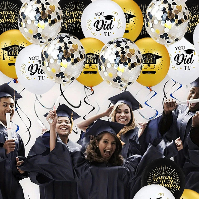 Kit 20 Balões Formatura – Preto, Ouro e Confetes