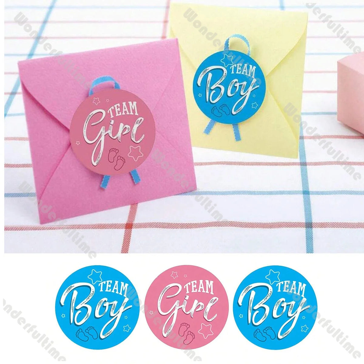 Rolo de 500 Adesivos "Team Boy & Team Girl"