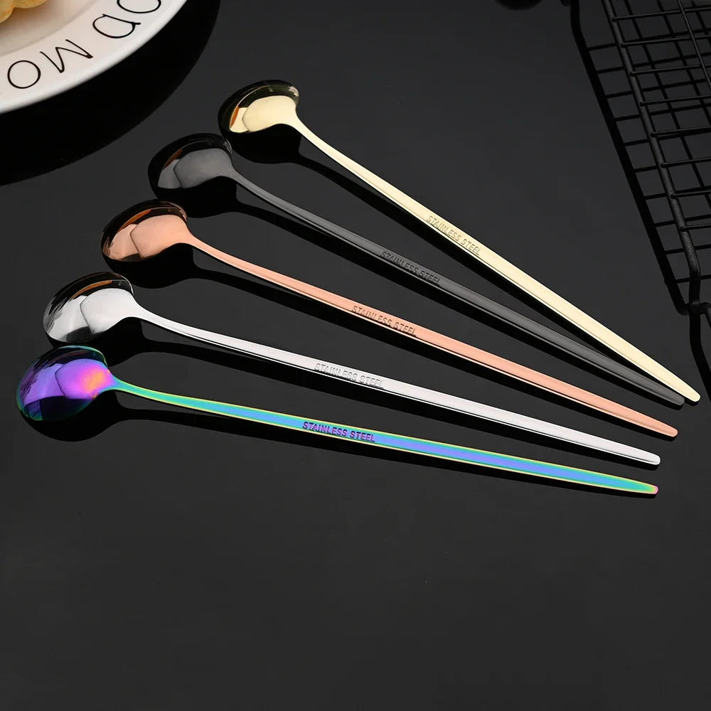 6 pçs colher cabo longo em aço inoxidável