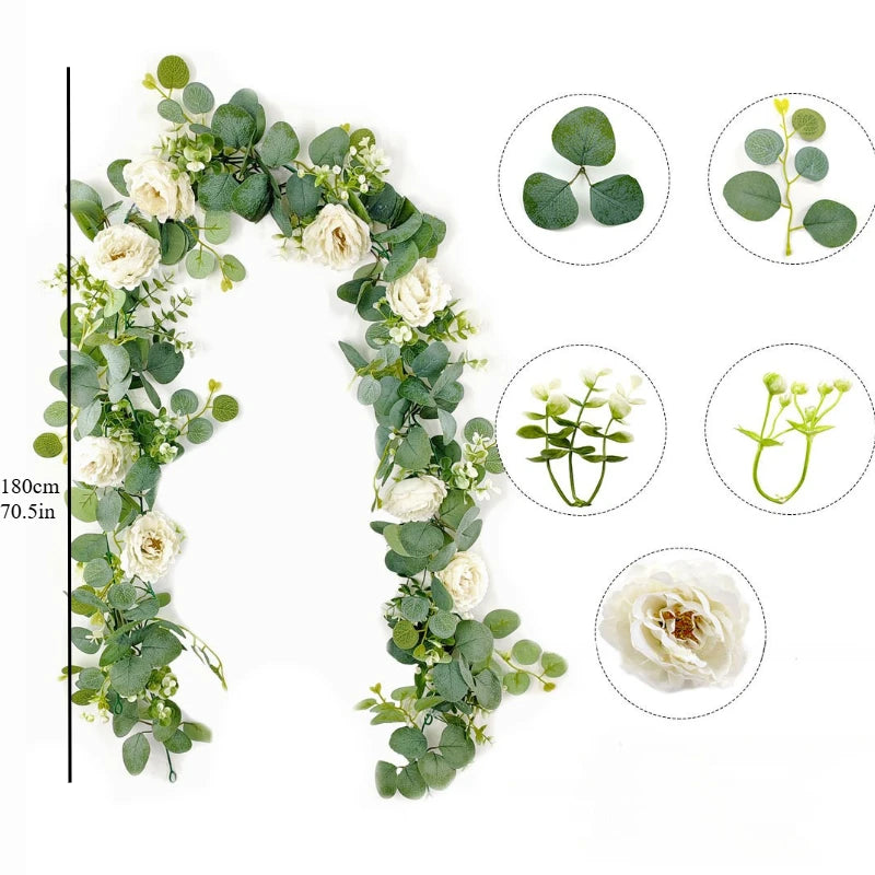 Decoração Eucalipto com Flores Brancas (180 cm)