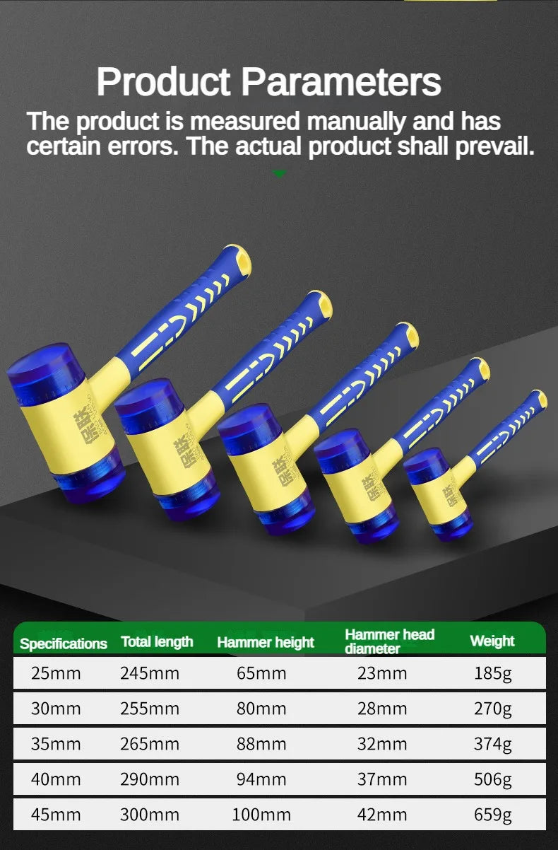 Martelo de instalação de cabeça dupla, martelo de borracha de 25 mm a 45 mm com cabo de borracha, martelo de instalação isolado removível