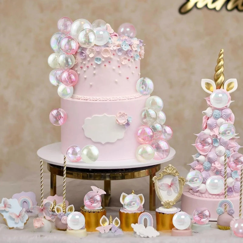 Kit 10 Toppers de bolo esferas transparentes , rosa e pérola
