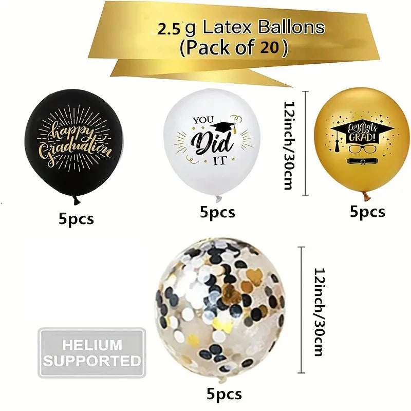 Kit 20 Balões Formatura – Preto, Ouro e Confetes