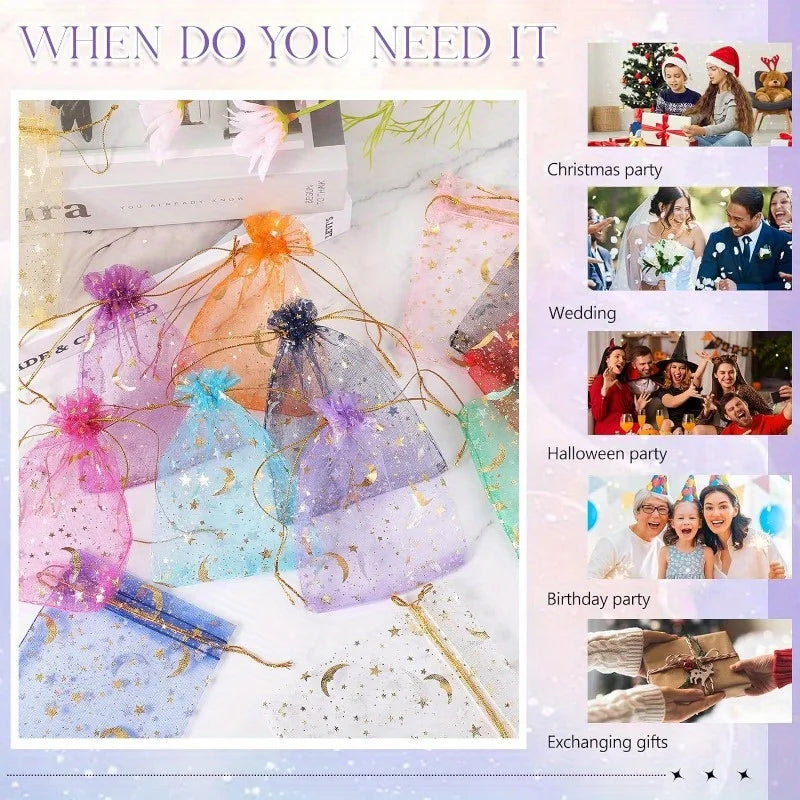 Kit 50 Saquinhos de Organza Estrelas e Lua – Brilho Dourado