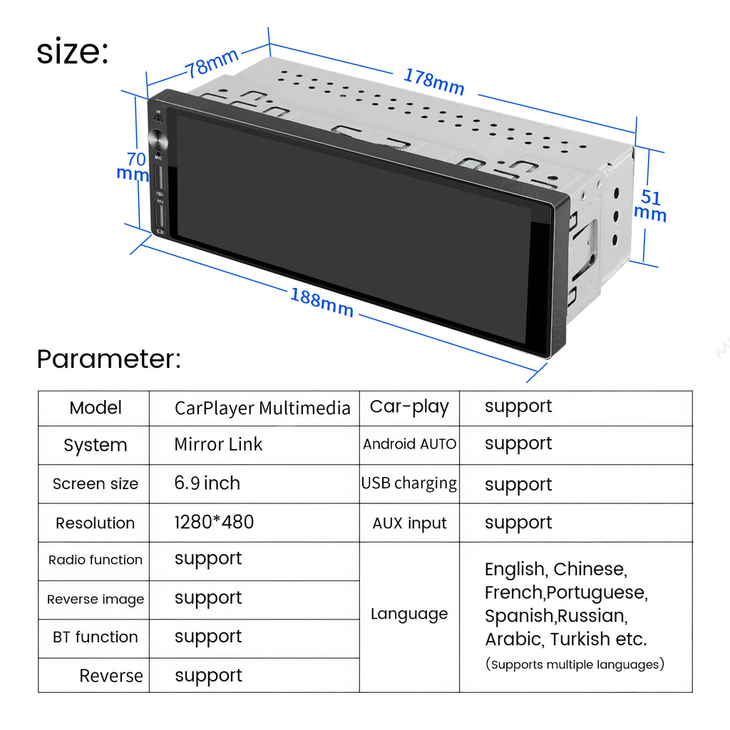 Multi mídia Hd tela touch carplay/bluetooth 5.0/AUX/Fm Radio