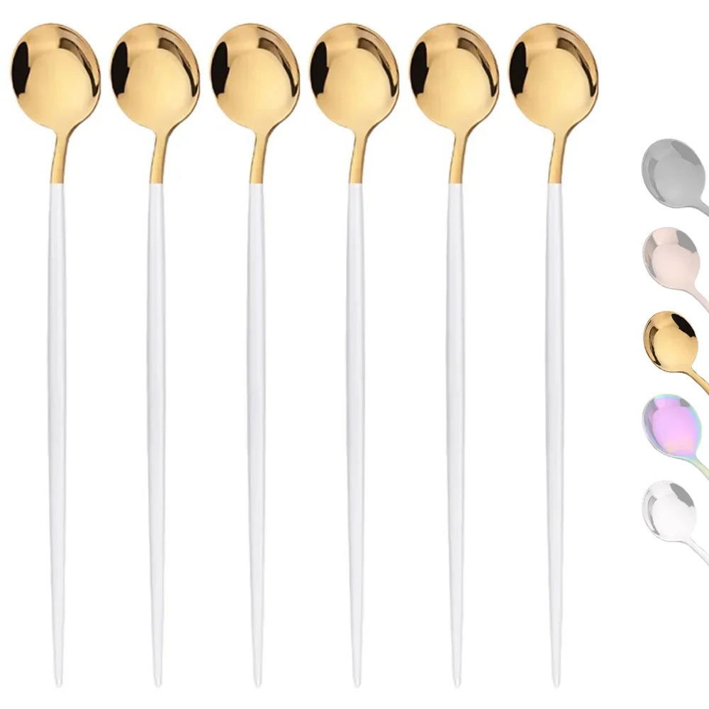 6 pçs colher cabo longo em aço inoxidável