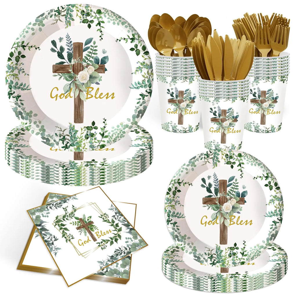 Pratos Descartáveis Temáticos (Cruz e Folhagem)