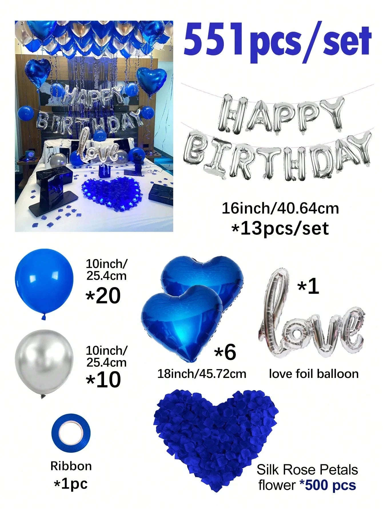 Combo Decoração de Festa Preto e Azul – Balões e Pétalas