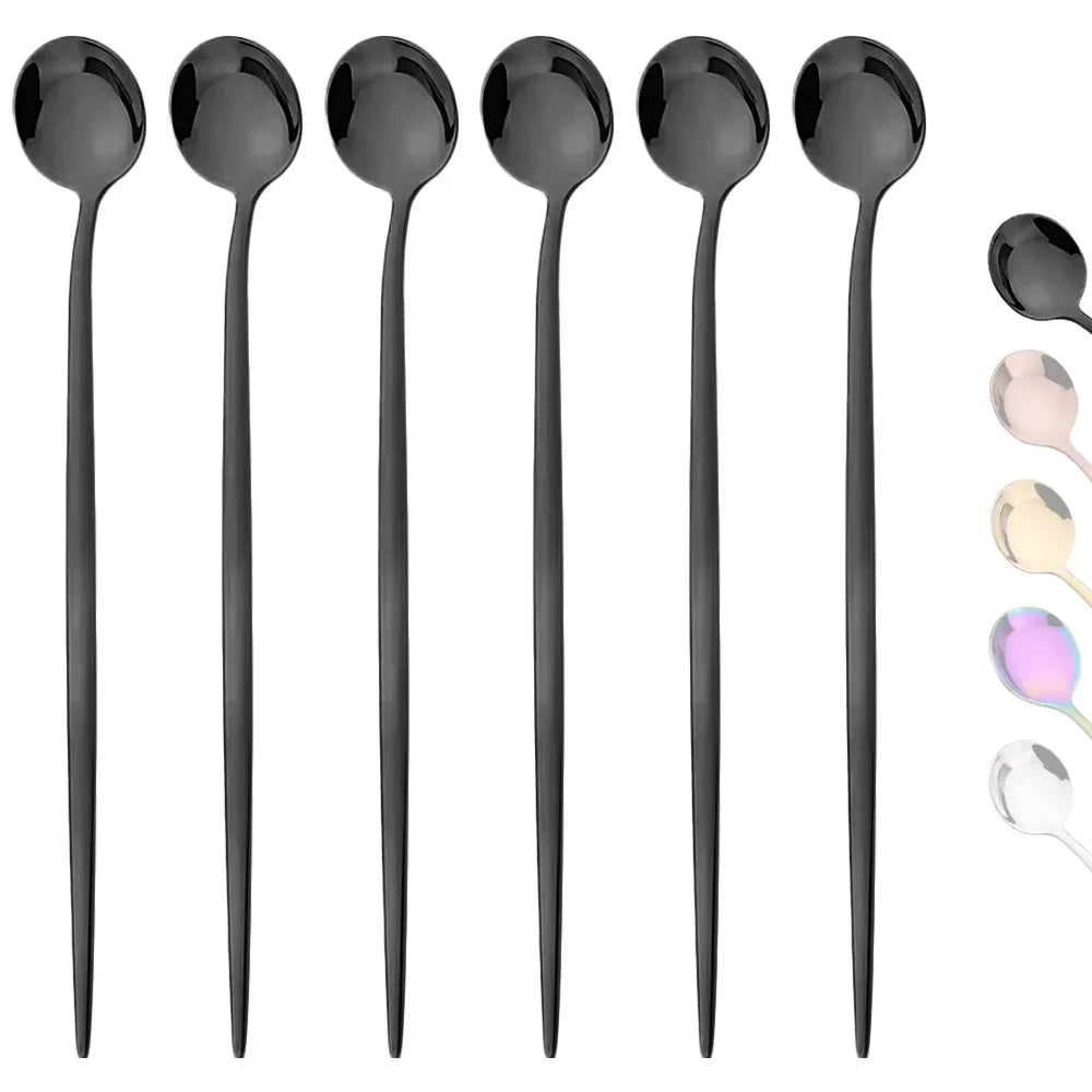 6 pçs colher cabo longo em aço inoxidável