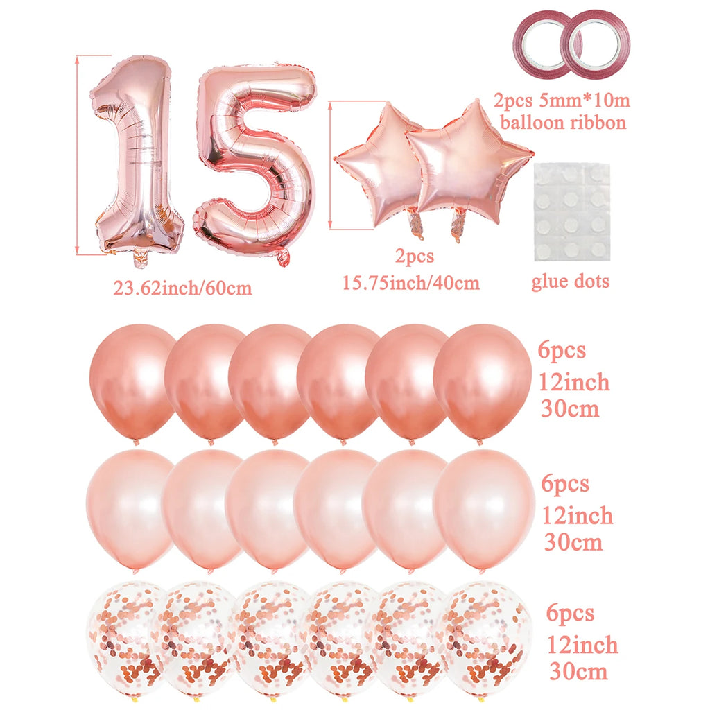 Kit 25 Balões Rose Gold – Especial 15 Anos (Debutante)